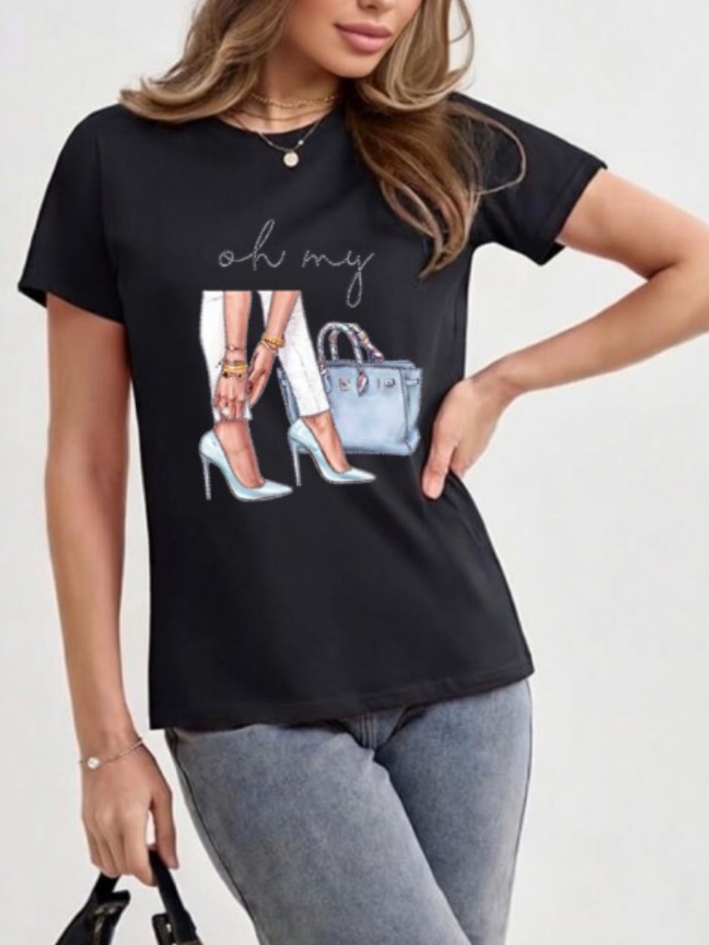 ShopEvelynne Black Tee with Chic Graphic (Light Blue Accents)